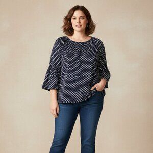 Michael Michael Kors Women's Size 1X Navy Polka Dot Flared Sleeve Blouse